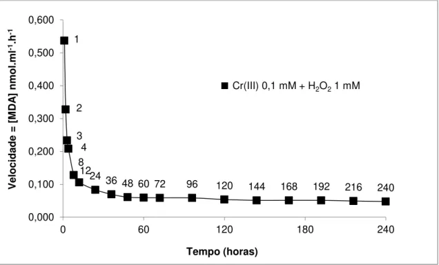 Figura 14 – Velocidade de formação de MDA pela degradação oxidativa da 2-Desoxirribose entre 1 e 240 horas de  incubação com Cr(III) e H 2 O 2 .