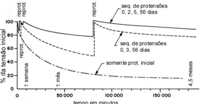 Figura 26 - Gráfico de perda de protensão com o tempo. Fonte: CSAGOLY &amp; TAYLOR (1979) apud  OKIMOTO (2002) 