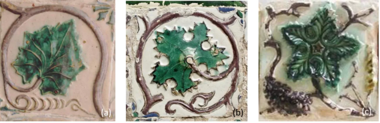 Figure 1.7. Relief polychrome tiles with wine leaves from the National Palace of Sintra: (a) the less pronounced relief; 
