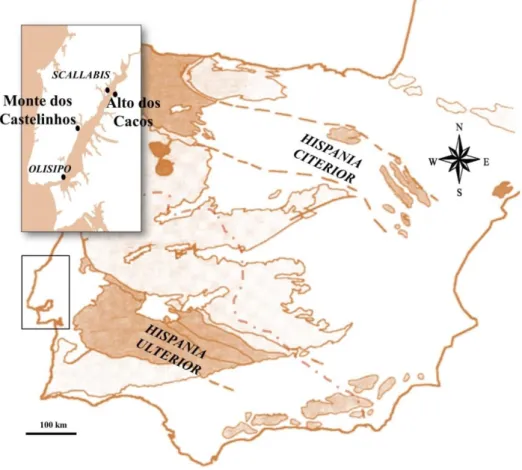 Figura  3.2.  Localização  geográfica  dos  sítios  arqueológicos  de  Alto  dos  Cacos  e  Monte  dos  Castelinhos,  pertencentes à Hispania Ulterior [Adaptado de G AUSS , 2015] .