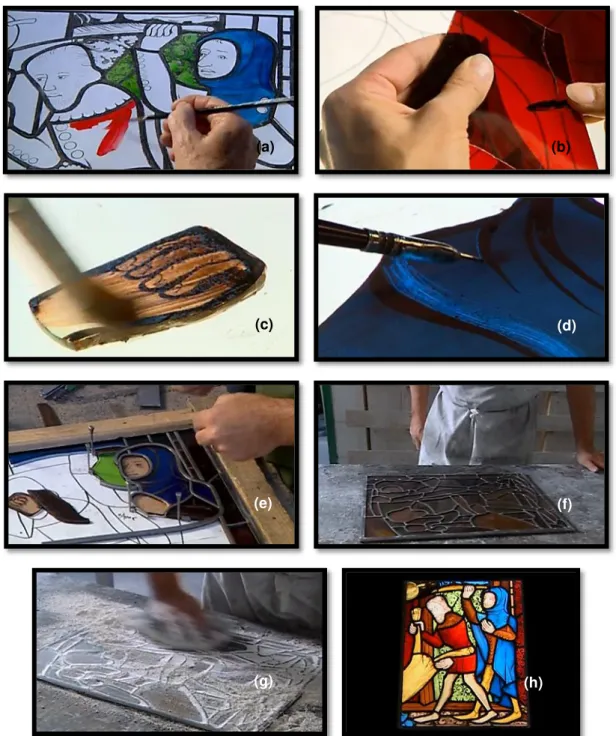 Figure 1.6: Methodology for making a stained glass panel. (a) In the first place, a full size cartoon is made, showing  the lead lines around each glass fragment, as well as the colors and details to be painted on the glass;  (b) then,  the glass  –  color