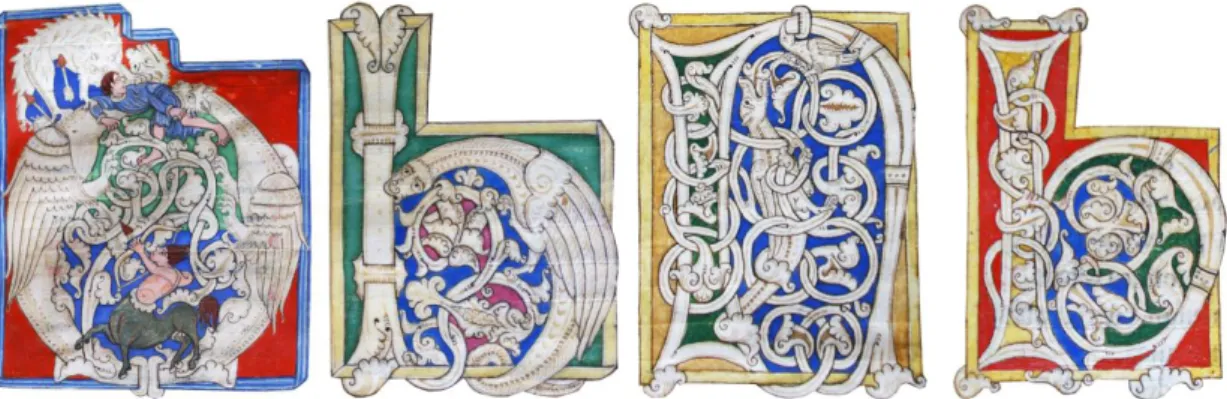 Figure 14. From left to right, several illuminations from Bible BPMP, Santa Cruz 1 (12 th  c.), fols