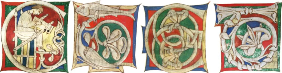 Figure 16. From left to right, several illuminations from Legendarium BPMP, Santa Cruz 20 (beginning  of the 13 th  c.), fols