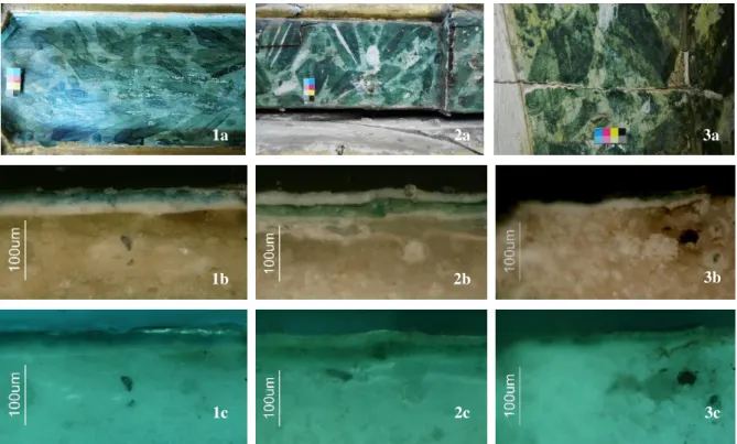 Figura 8 - Fotografias de pormenores dos marmoreados verdes: 1a) da caixa, 2a) da varanda, 3a) da bacia; 