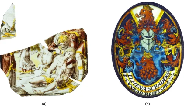 Figure 1.6  –  Two examples of the application of sanguine red: (a) The Parable of the Good Samaritan (PNP2871), a  production from the Low Countries dated to the 17 th  century, and (b) stained glass roundel Elena Schrader, dated probably 