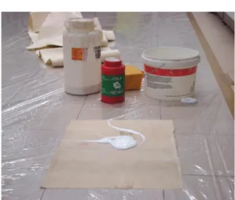 Fig. III.1: White glues used by Sarmento to create his  paintings and one of his techniques of application