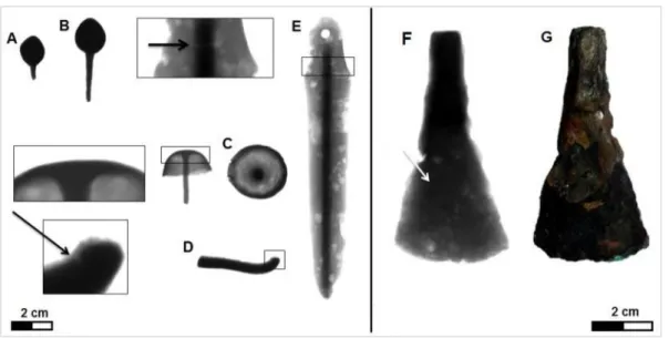 Figure 6. X-Ray digital radiography of the dagger 2013-0425 (A) and its respective image by  stereomicroscope (B), and X-ray radiography of the capsule (C) and (D)