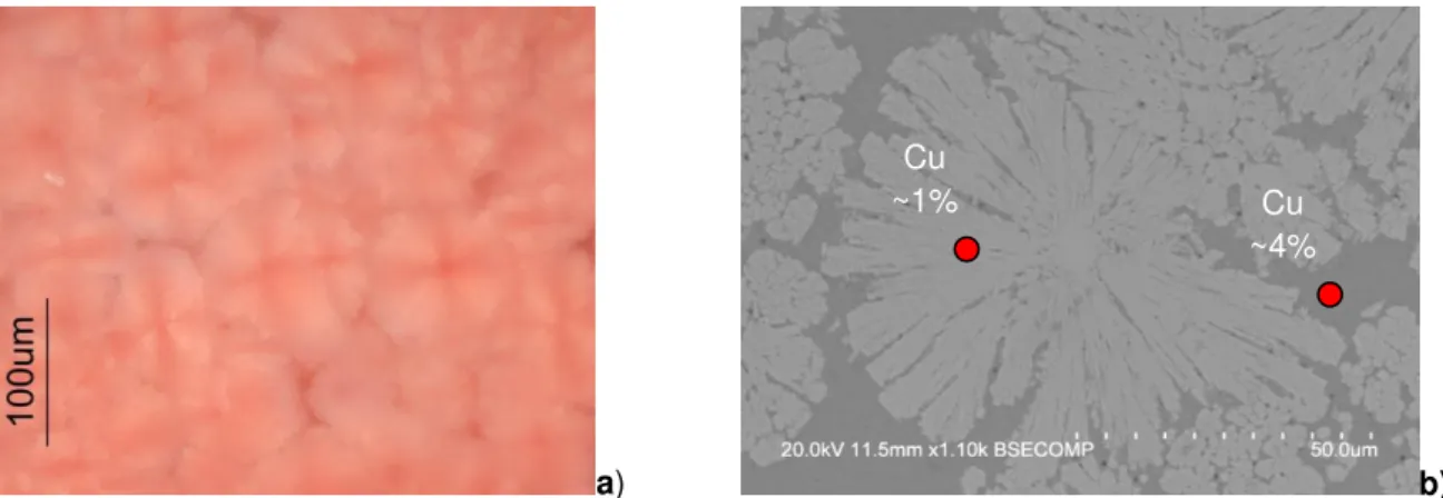 Figura 3.8 – a) Imagem de microscopia óptica da amostra A5; b) Imagem de SEM-EDS com as estruturas  cristalinas observadas também em microscopia óptica e com a composição elementar em Cu dentro e fora das 