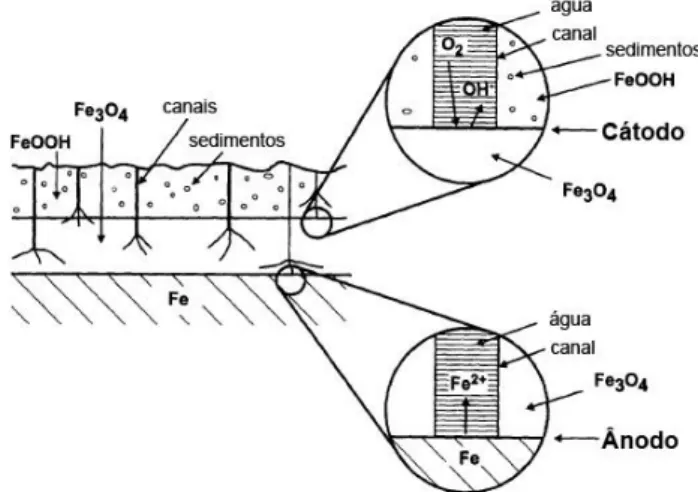 Figura 1.1  –  Diagrama ilustrativo da separação das regiões anódicas (oxidação do metal) e  catódicas (redução do oxigénio) num ferro submerso ou enterrado