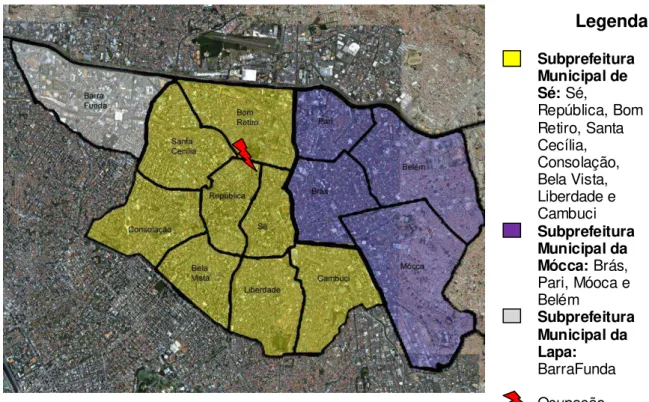 Figura A: Região central de São Paulo  – os 13 distritos por subprefeituras 