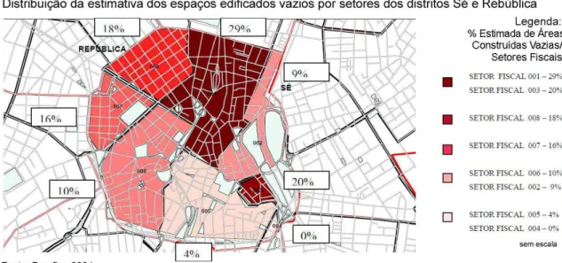Figura  1.4:  Distribuição  da  estimativa  dos  espaços  edificados  vazios  por  setores  dos distritos Sé e República (mapa) 