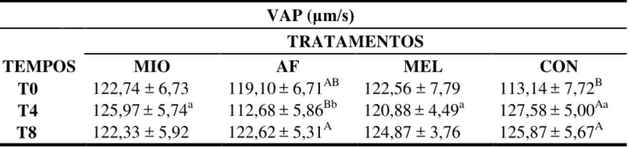 Tabela 2 -    Médias ± erros padrão da Velocidade de trajeto (VAP, μm/s), entre os tratamentos: mioinositol  (MIO), ácido ferúlico (AF), melatonina (MEL) e controle (CON); avaliada em sêmen equino,  nos tempos 0, 4 e 8 horas de refrigeração 