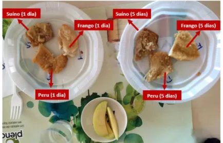 Figura 2.8 Amostras de panados de frango, peru e suíno com 1 e 5 dias após data de produção 