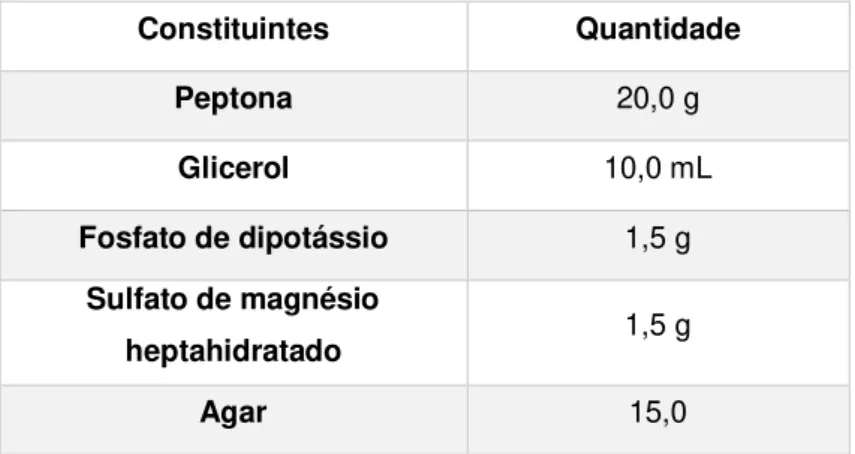 Tabela 4.5 Composição do meio já preparado, Caldo de acetamida da Biokar Diagnostics 