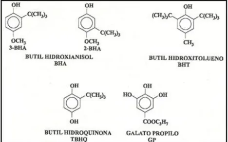 Figura  2.1.Estrutura  química  dos  principais  antioxidantes  sintéticos  utilizados  na  indústria  de  alimentos (Araújo, 2011)