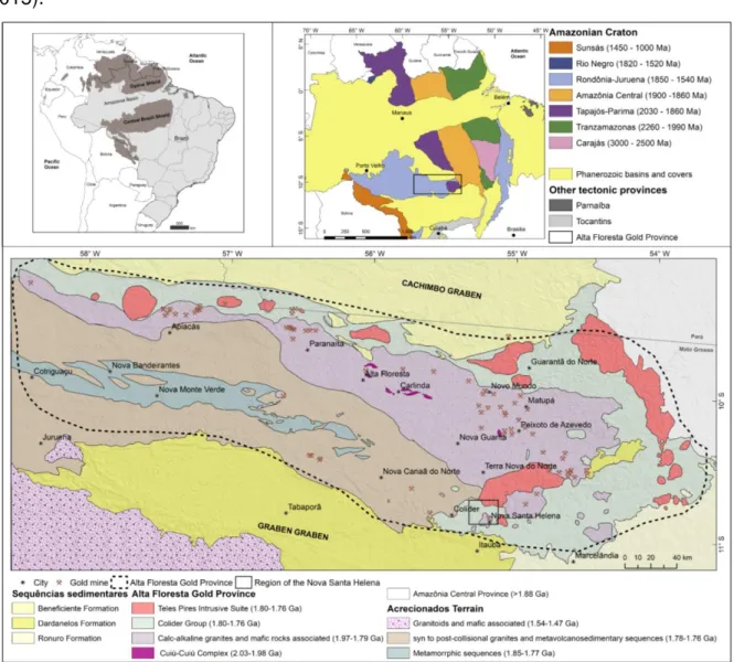 Fig.  1.  Compartimentação  geocronológica  e  tectônica  do  Cráton  Amazônico  de  acordo  com  Santos  (2003)  e  Velasquez  et  al