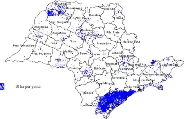 Figura 3. Distribuição geográfica da área de cultivo de banana, no estado de São Paulo (Pino et  al., 2000.) 