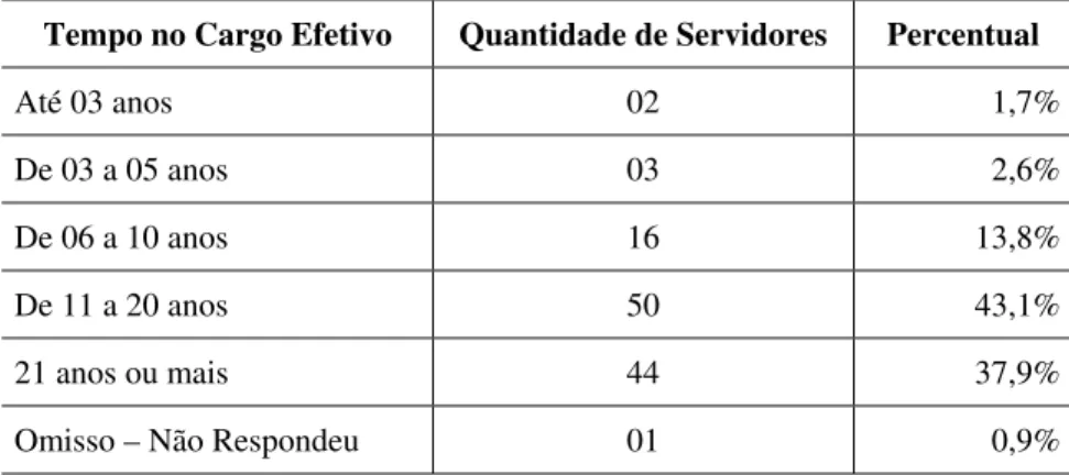 Tabela 6 – Tempo dos gestores respondentes no cargo efetivo  Tempo no Cargo Efetivo  Quantidade de Servidores  Percentual 