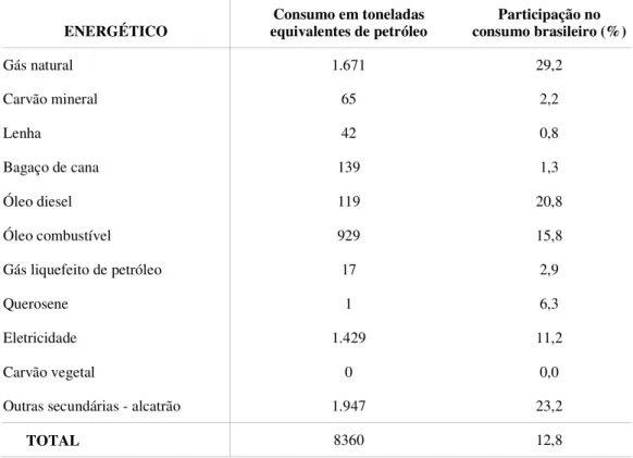 Tabela 4.5. Participação do setor de produtos químicos industriais no consumo brasileiro de  energéticos, 2002