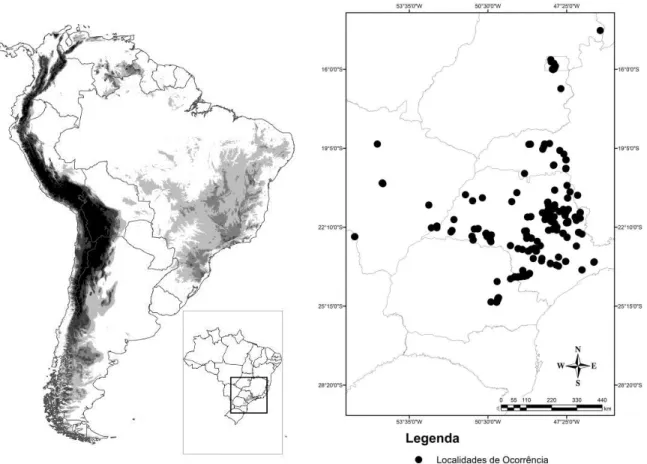 Figura 1 – Localização da área das ocorrências de Bothrops  itapetiningae na América do  Sul