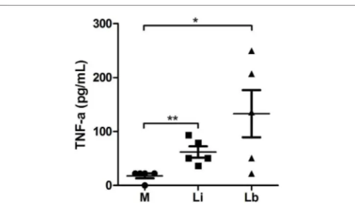 FigUre 6 | L. braziliensis induced TnF- α  secretion on immature  Dcs – cytokine levels measured on culture supernatants after 24 h of  infection