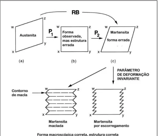 Figura  2.4  –  Aspectos  fenomenológicos  teóricos  da  cristalografia  da  martensita