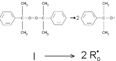 Figura 2: Degradação do peróxido de dicumila (DCP) e representação genérica da decomposição do  iniciador no processo