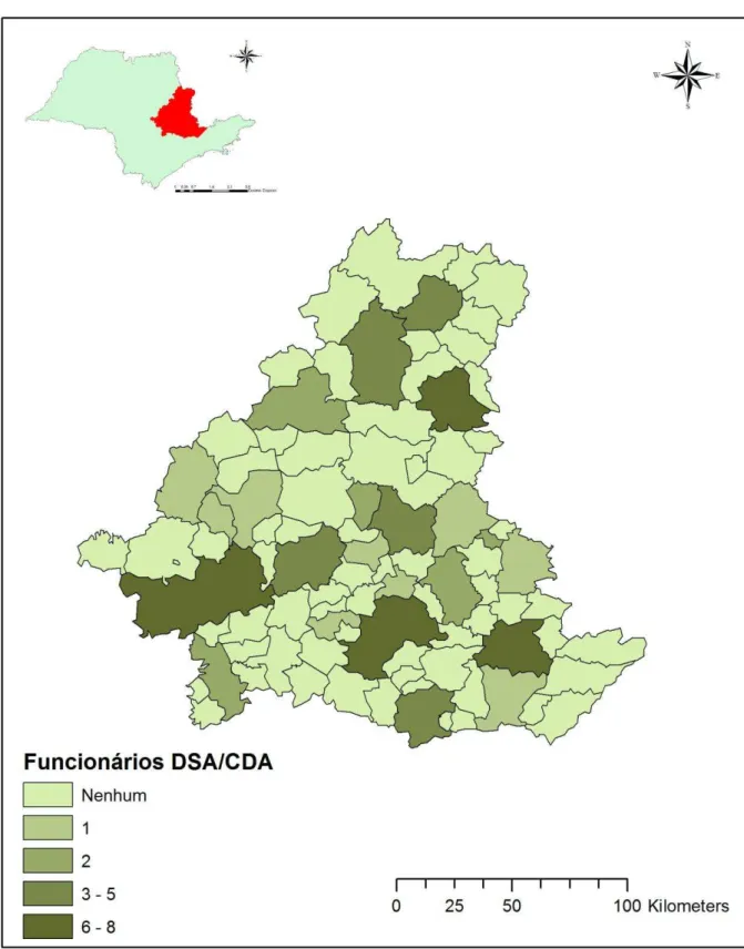 Figura 1  – Distribuição de funcionários do Serviço Oficial de defesa sanitária animal na área de estudo  