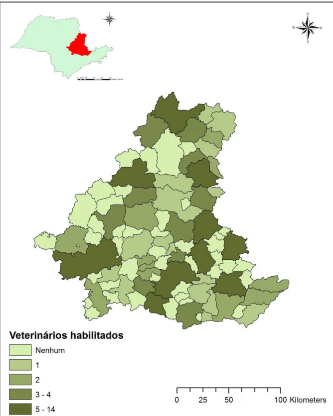 Figura 3  – Distribuição de veterinários habilitados para diagnóstico de brucelose e tuberculose na área de estudo 