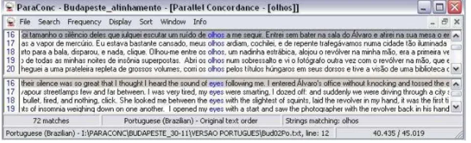 Figura 6 - Resultado parcial do Parallel Search com as palavras “olhos” e “eyes” nos corpora  paralelos, compostos pelos textos originais e traduzidos do romance Budapeste