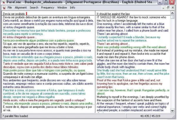 Figura  7  -  Alinhamento  feito  com  o  software  ParaConc  de  parte  do  primeiro  capítulo  do  romance Budapeste nas versões original e traduzida