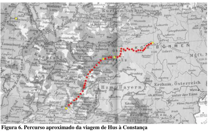Figura 6. Percurso aproximado da viagem de Hus à Constança 