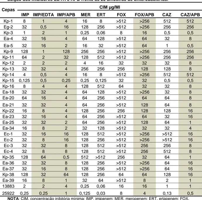 Tabela  7.  Concentração  Inibitória  Mínima  dos  antibióticos  β-lactâmicos  com  e  sem  a  adição dos inibidores EDTA e APB frente as 28 amostras de Enterobactérias
