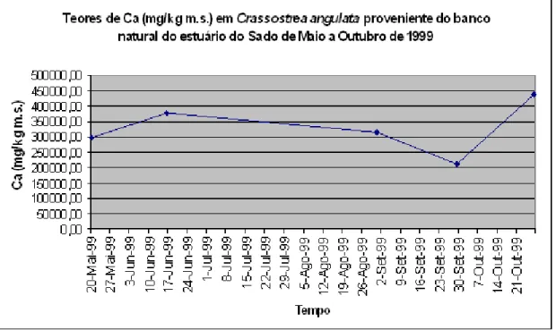 Figura  7.4.  Teores  de  Ca  (mg/kg  m.s.)  em  conchas  de  Crassostrea  angulata  (Ostra  Portuguesa)  provenientes do banco natural do estuário do Sado, no período de Maio a Outubro de 1999