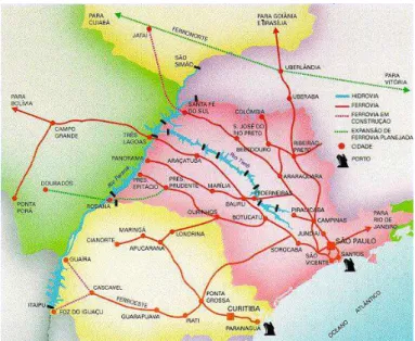 Figura 2: Hidrovia Tietê-Paraná e ferrovias  Fonte: ANTAQ, 2007 