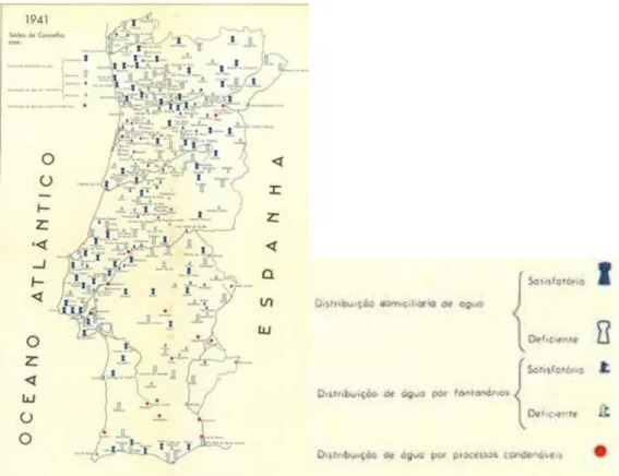 Figure 2.1  Map from 1941 with geographic information of water supply services. (Source: INAG)  In 1972, the Health Services Directorate (DSS) performed a survey of the state of the art of the water  supply services, sewage systems and urban wastes collect