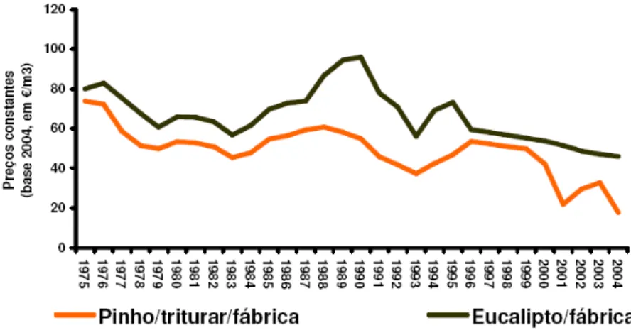 Figura 14 – Evolução dos preços de madeira de pinho e eucalipto para triturar (DGRF, 2007)