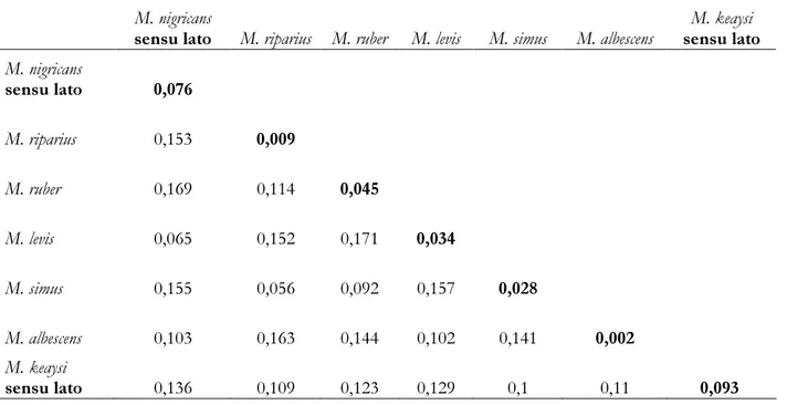 Tabela III: Divergência interespecífica obtida pelo modelo Kimura 2-parâmetros. Em negrito, na  diagonal, divergência intraespecífica para cada táxon