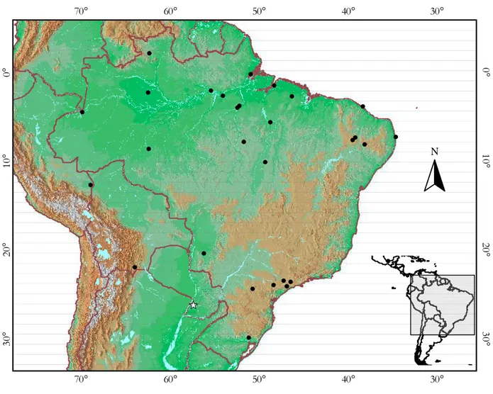 Figura  6:  Localidades  referentes  aos  espécimes  de  Myotis  albescens  analisados  morfologicamente  e  molecularmente