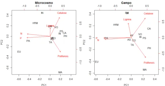 Figura 2. Análise de Componentes Principais (PCA) da composição química (valores médios) do detrito foliar  das  15  espécies  vegetais  durante  o  período  de  lixiviação