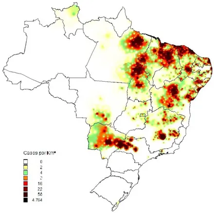 Figura 1. Mapa Grid da densidade de casos de leishmaniose visceral por km2,  no Brasil em 2012