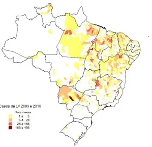 Figura  7c.  Distribuição  de  casos  absolutos  de  leishmaniose  visceral  no  Brasil de 2011 a 2012