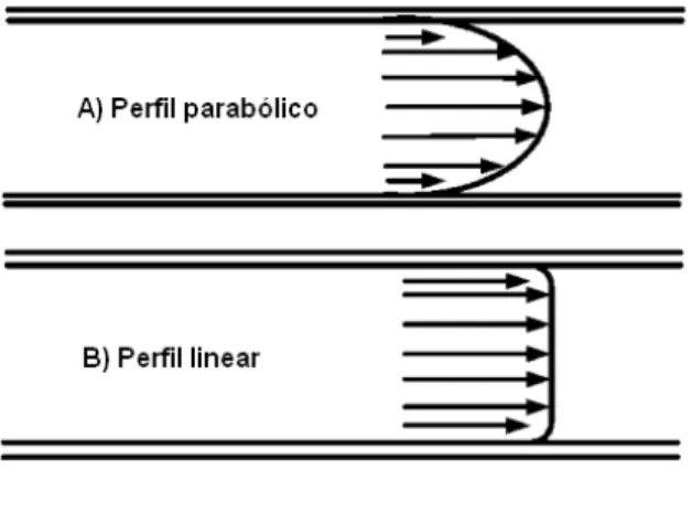 Figura 4. Perfil de velocidade radial de fluxo parabólico (A) como em HPLC e linear (B) como em CE