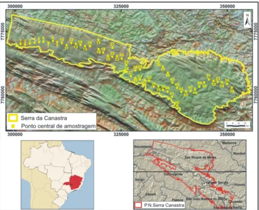 Figura 1. Mapa de localização da Serra da Canastra (Parque Nacional da Serra da Canastra/MG) e pontos de amostragem da vegetação (de 1 a 56).