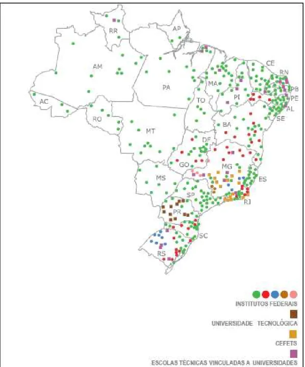 Figura 01 Distribuição da Rede federal de ensino profissionalizante no Brasil. 