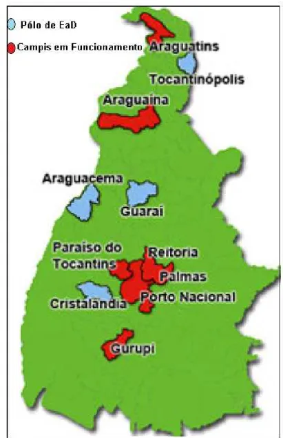 Figura 02. Distribuição dos Campi do IFTO no Estado do Tocantins. 