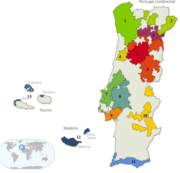 Figura 1.3  –  Regiões vitivinícolas em Portugal (Adaptado de Infovini, 2013). 