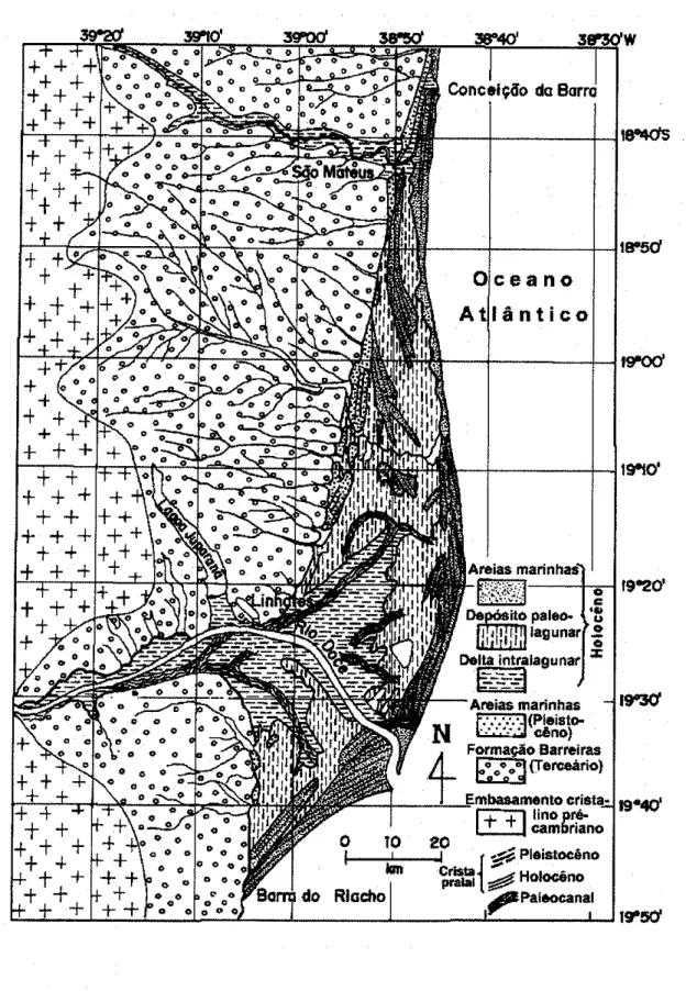 FIGURA  2-7 Mapa  geológico  esquemático  da planíc¡e  do  rio  Doce.  Martin  ef a/. (1996).