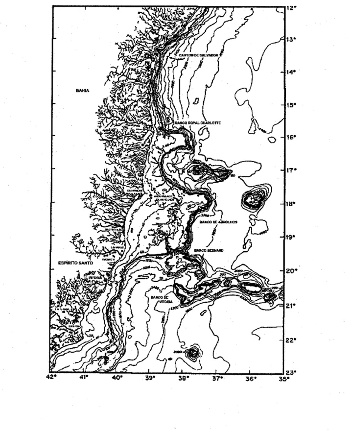 FIGURA 2-10  Mapa  batimétrico  da  plataforma  cont¡nental  de  Salvador  å Vitória.  Melo  ef  a¿