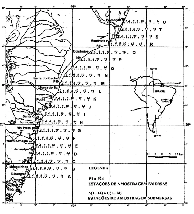FIGURA  5-1  Mapa de localização  da área de estudo e das estações de  amostragem, escala  1:135.531  (carta  náutica -  DHN,  n